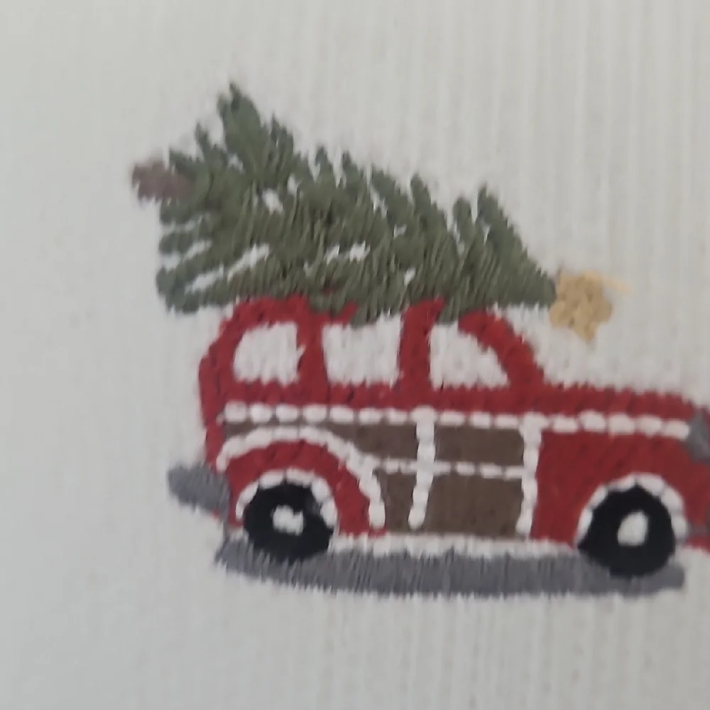 Pottery Barn Festive Red Mini Woody Car Green Trees Holiday Crewel Pillow